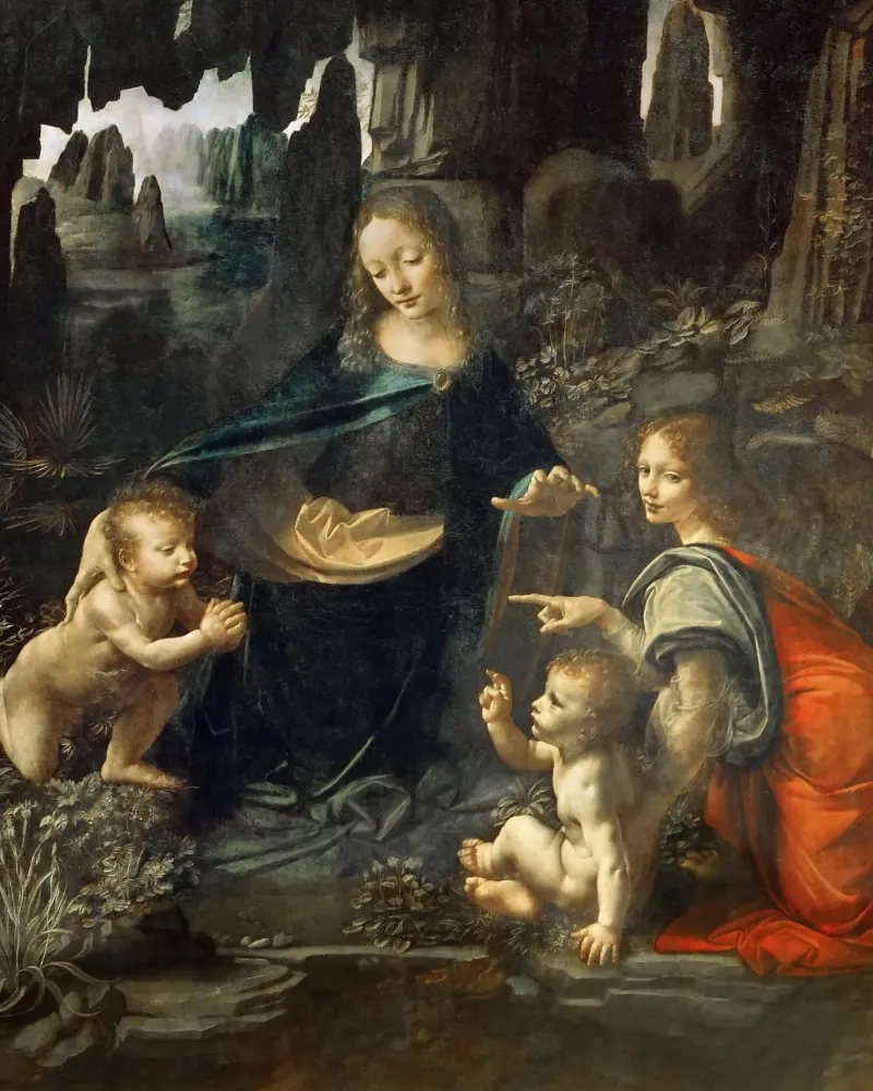 Leonardo da Vinci - De Maagd van de Rotsen (Louvre) poster van Timeless Artworks
