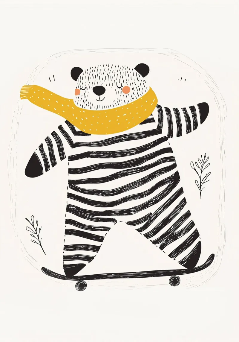 Poster nordico per la cameretta, stampa moderna per bambini, orso che va sullo skateboard poster con telaio in plastica da Little Lola