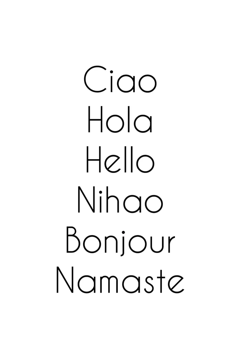 Ciao Hola Hello Nihao Bonjour Namaste poster con telaio in legno da Typo Designs