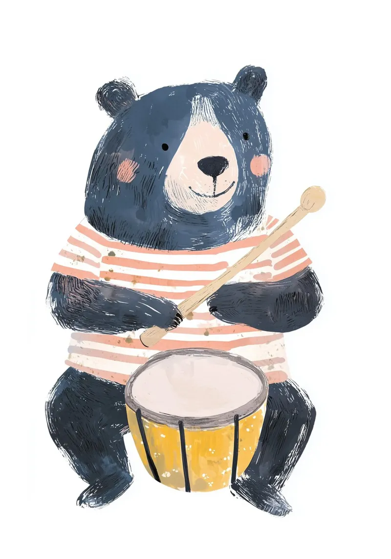 Orso musicale stampato per la cameretta, poster per bambini, arte della fauna selvatica poster con telaio in alluminio da Little Lola