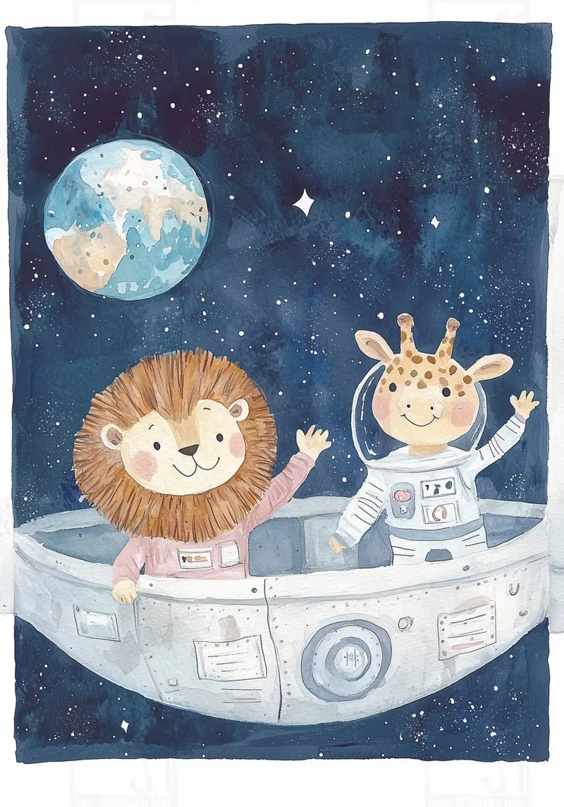 Poster per la cameretta a tema spaziale, arte dell'astronauta, del leone e della giraffa poster con telaio in plastica da Little Lola