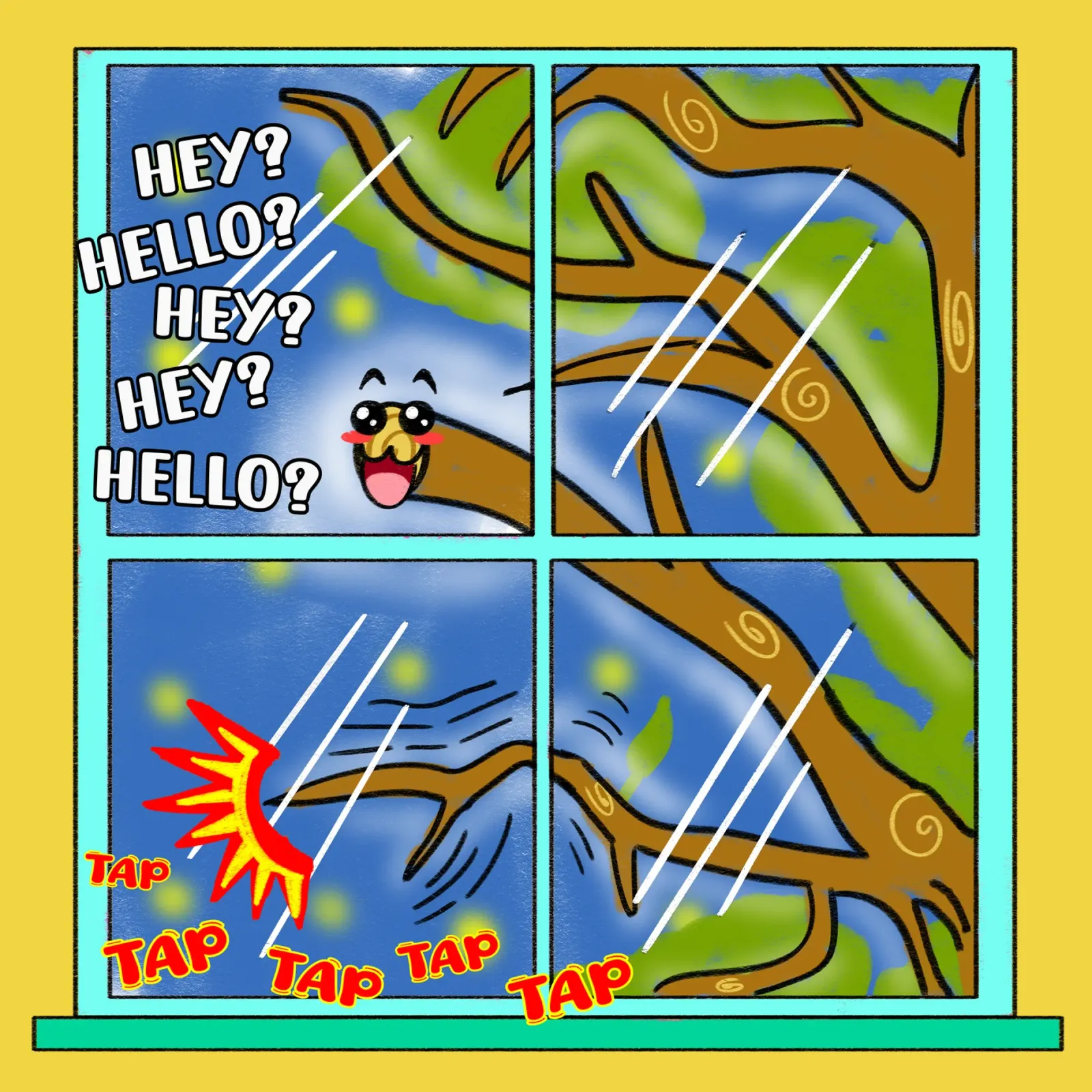 Divertente Kawaii Cute Tree Branch Tapping Cartone animato classico poster con telaio in alluminio da sillyindustries