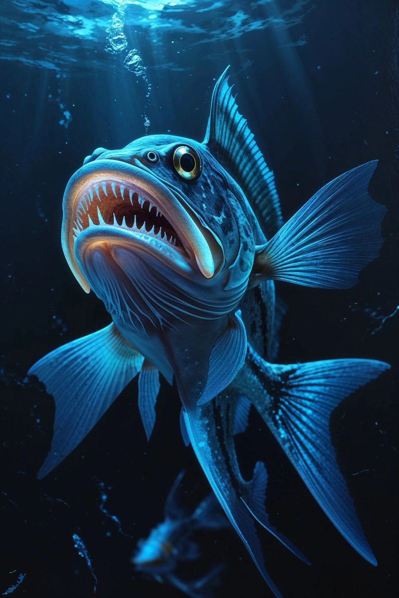Bioluminescent Deep-Sea Predator in Blue Hues Poster von AlbertKlee