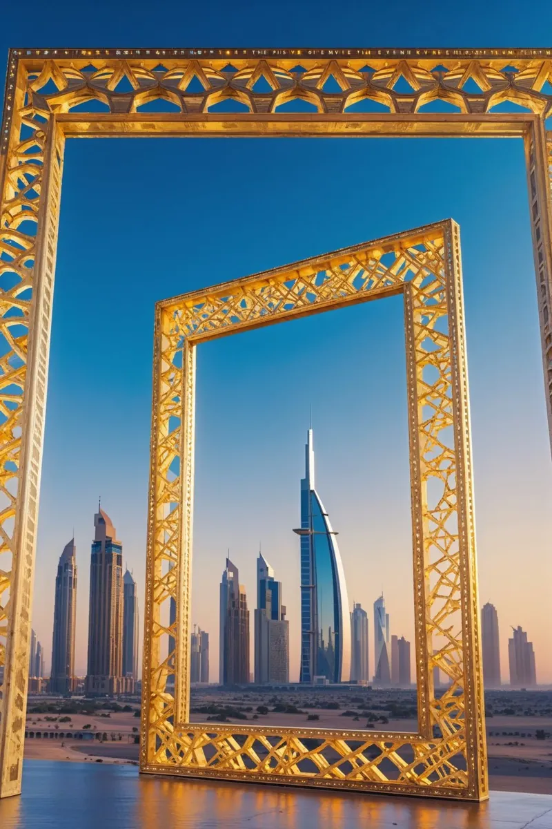Golden Dubai Frame with Futuristic Skyline poster con telaio in alluminio da AlbertKlee
