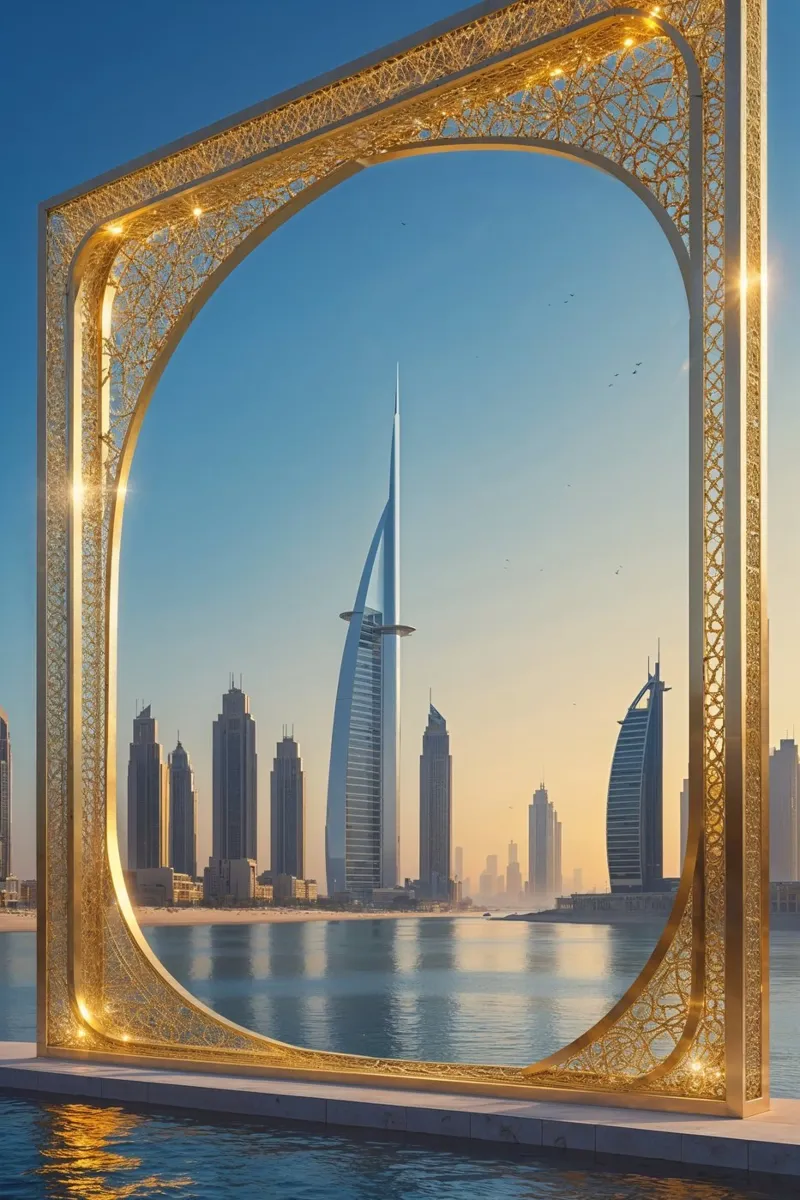Dubai Frame Overlooking the Water and Skyline poster con telaio in alluminio da AlbertKlee