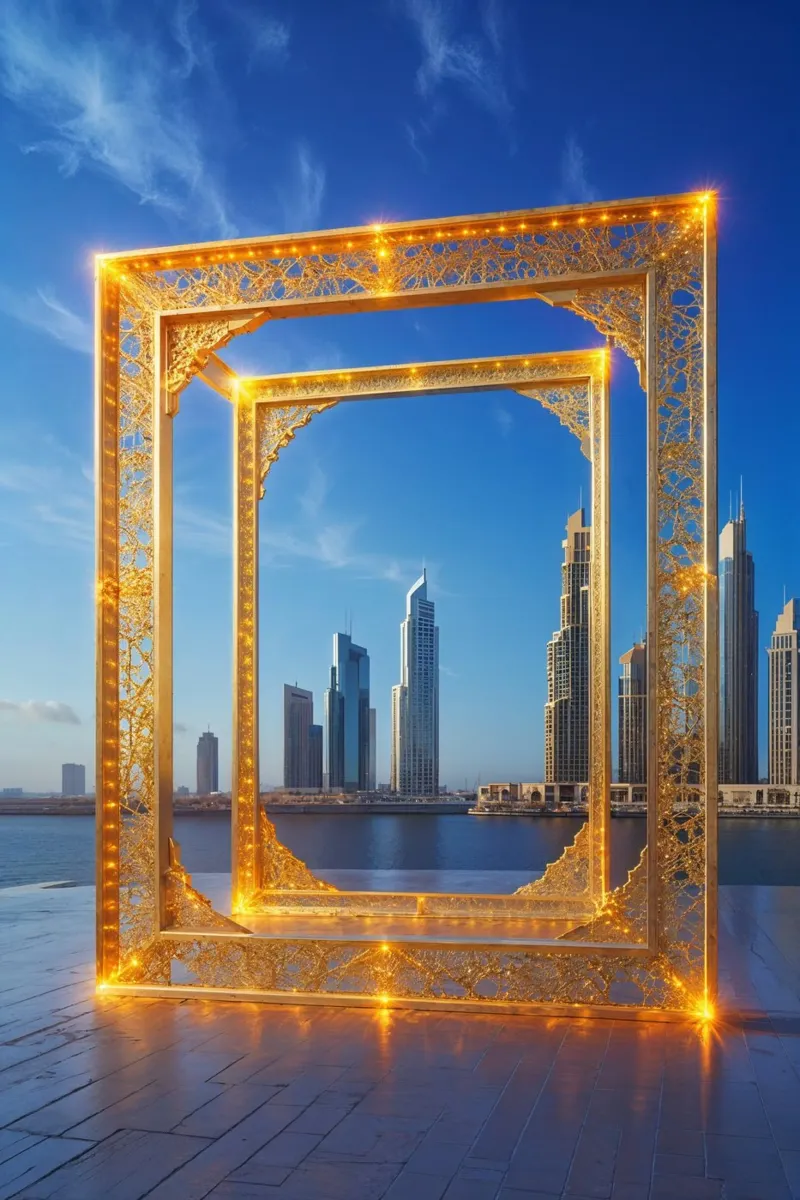 Illuminated Dubai Frame with City Reflections poster con telaio in alluminio da AlbertKlee