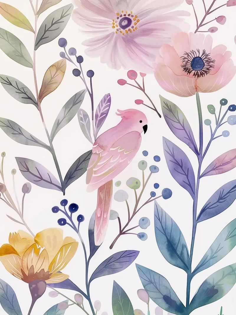 Uccello botanico vintage Cacatua rosa Pappagallo Fiori di papavero pellicola backlit da Gentle Echoes Art