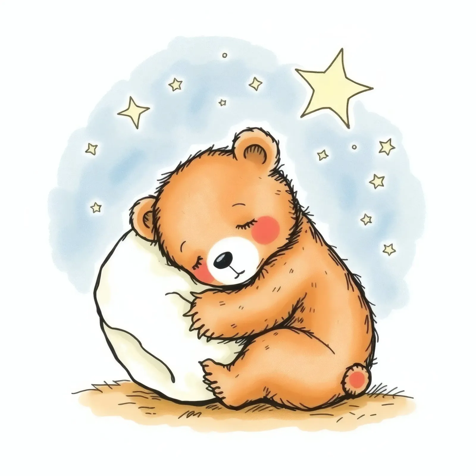 Ours mignon câlinant un oreiller sous les étoiles dans un ciel nocturne hahnemühle de DesignDoodle