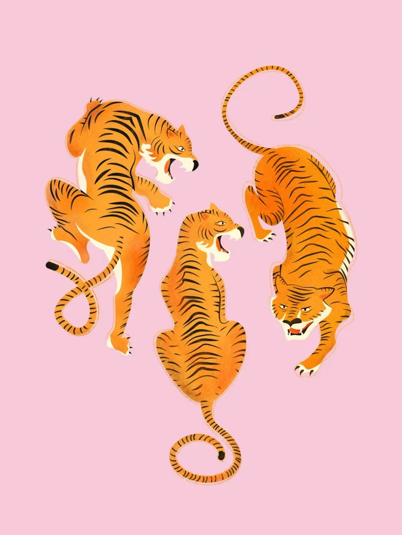 Fierce Three Tigers – Bold Vintage Wildcat Illustration poster con telaio in plastica da showmemars