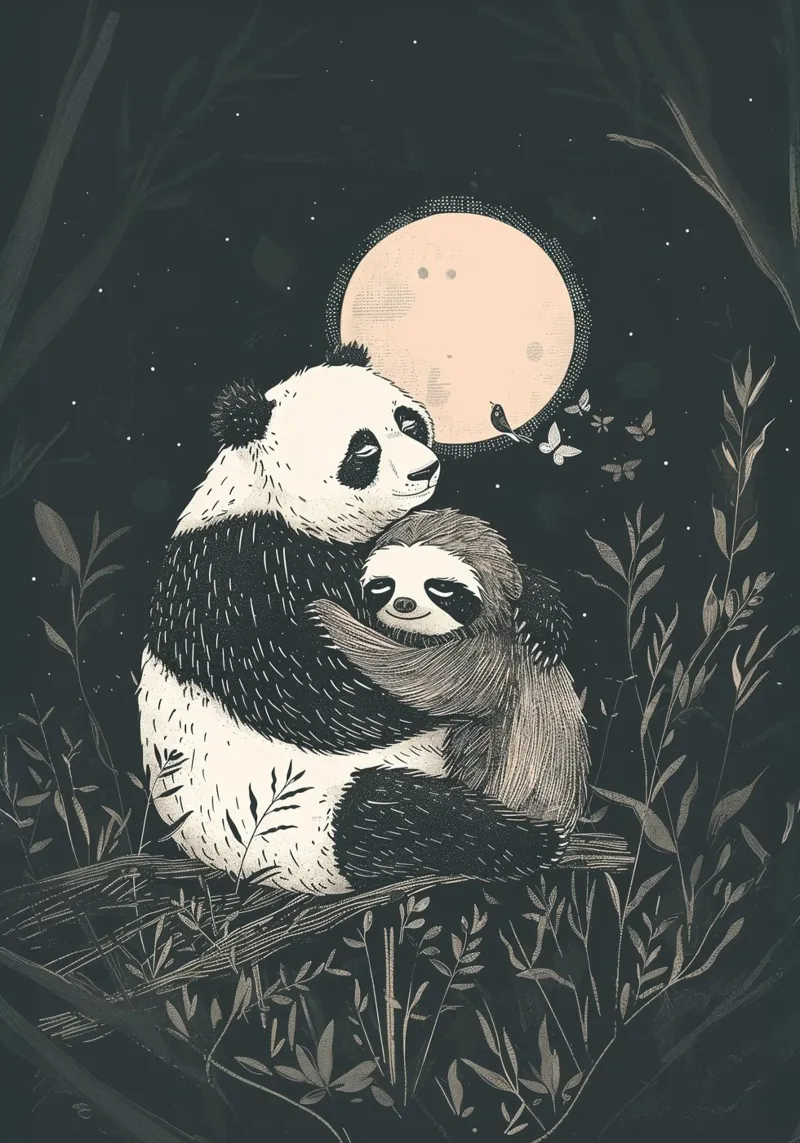 Panda sloth hug print hahnemühle by Cat Grafic Design