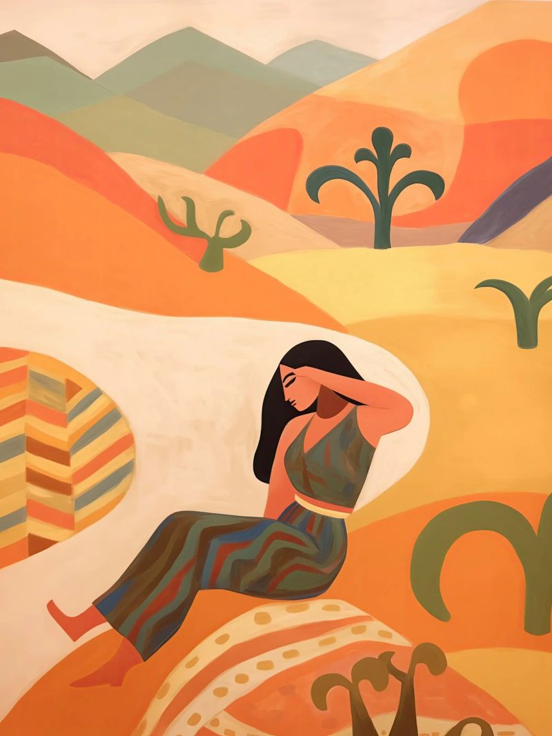 Femme s'éveillant dans le désert | Peinture naïve aux couleurs chaudes poster de Autofocus