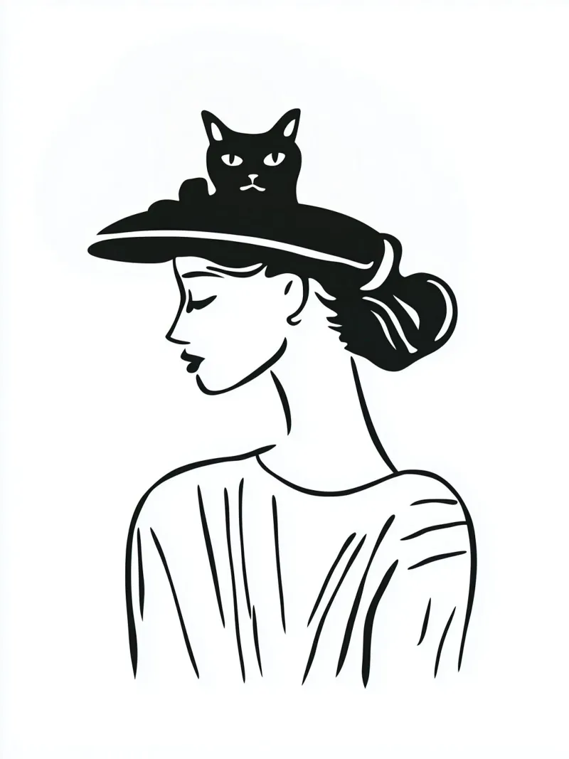 Vrouw met kat in hoed | Tekening canvas met Baklijst van Autofocus