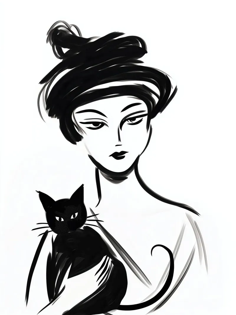 Modello femminile con gatto e capelli arruffati poster con telaio in legno da Autofocus