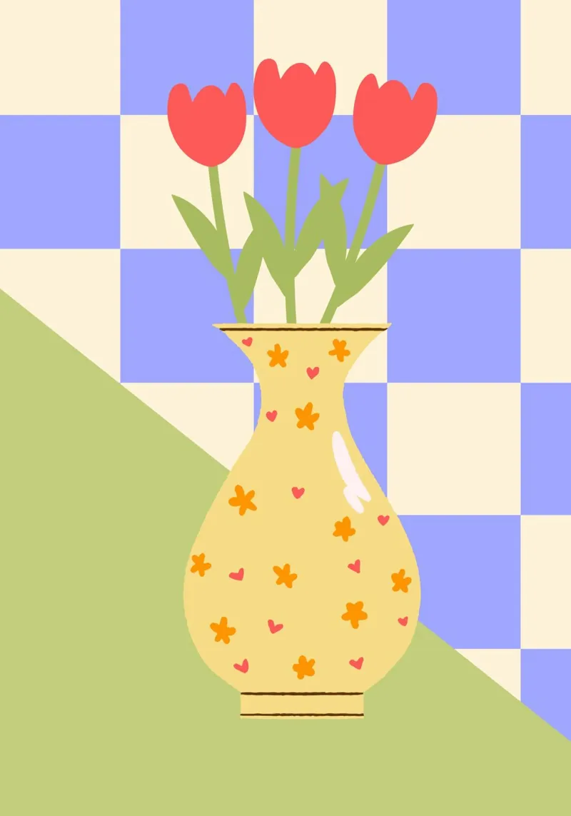 "Checkered Flowers" – Abstract Vase Print plexiglass da PrintCessStudio