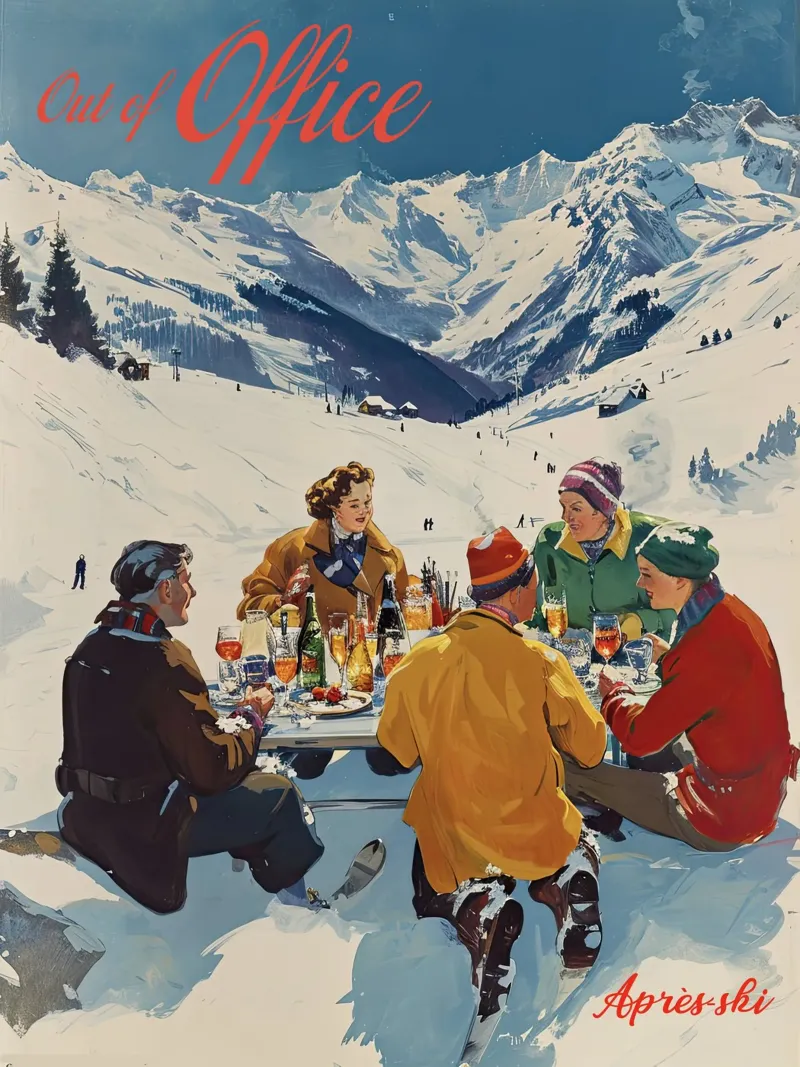 Fuori ufficio, Retro Apre Ski, Pista vintage, amici poster con telaio in legno da Peaches Art Prints