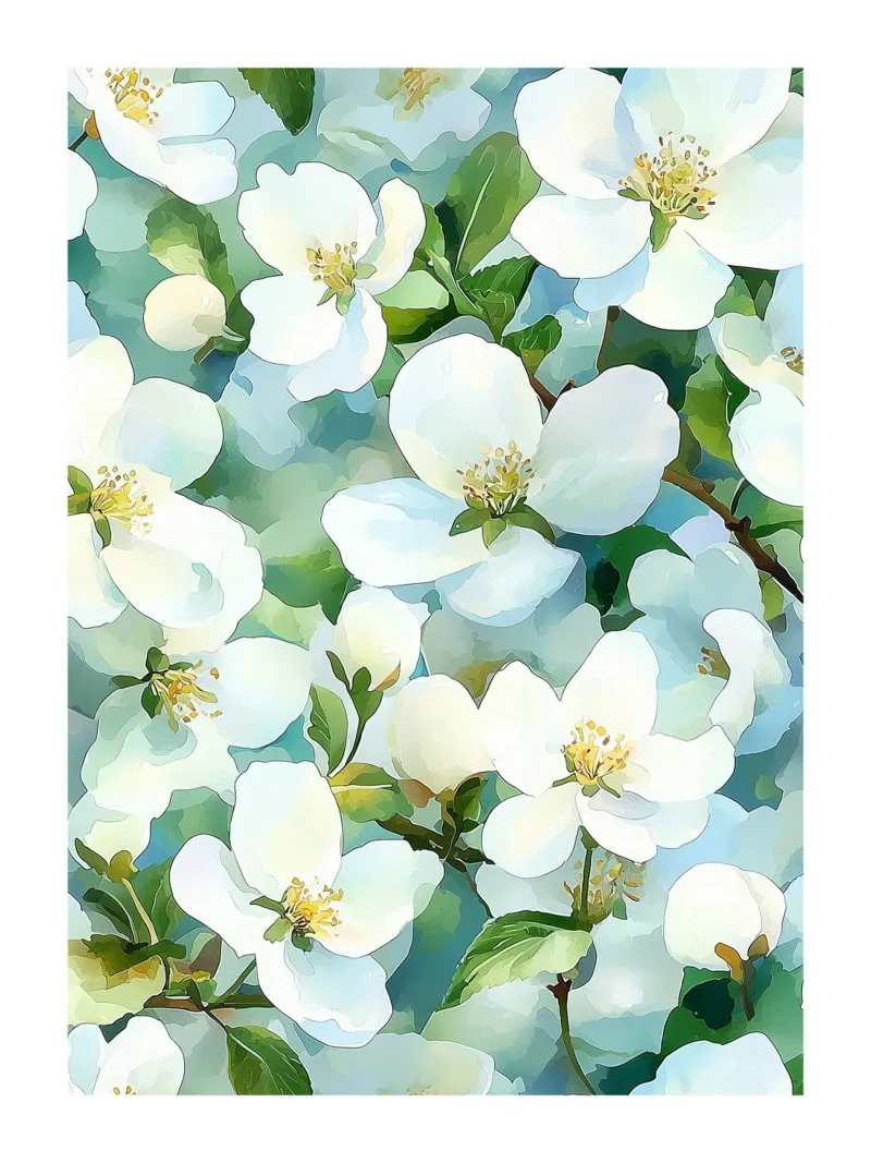 Fiori bianchi in acquerello poster con telaio in alluminio da Flora & Horizon
