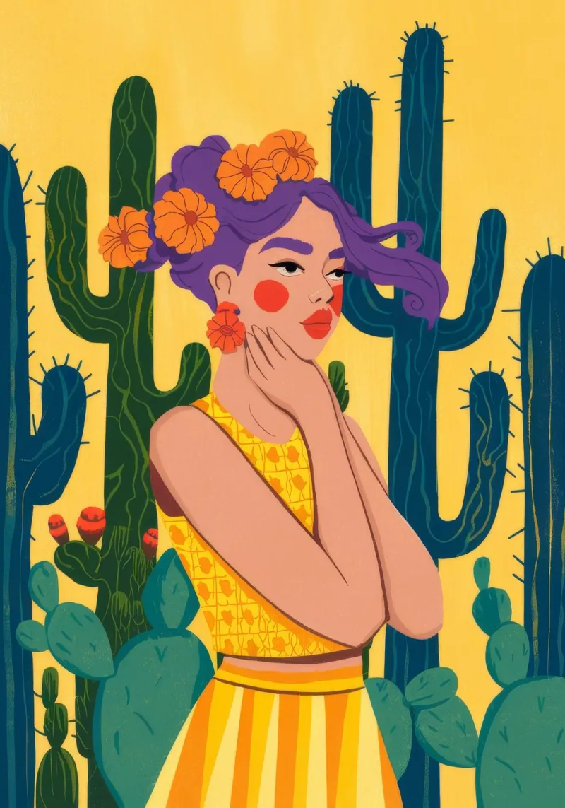 Abito a fiori di cactus poster con telaio in legno da Demar Galleria