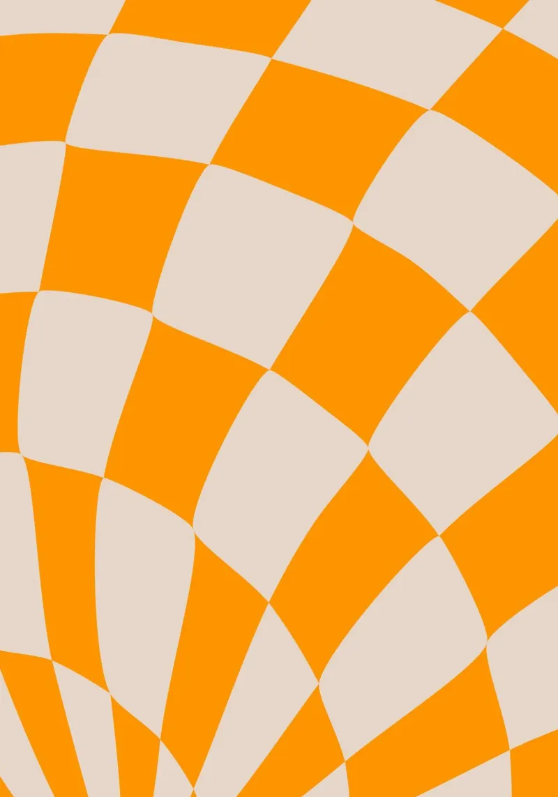 "Checkerboard Glow" – Orange & Beige Checkered Print pannello forex da PrintCessStudio