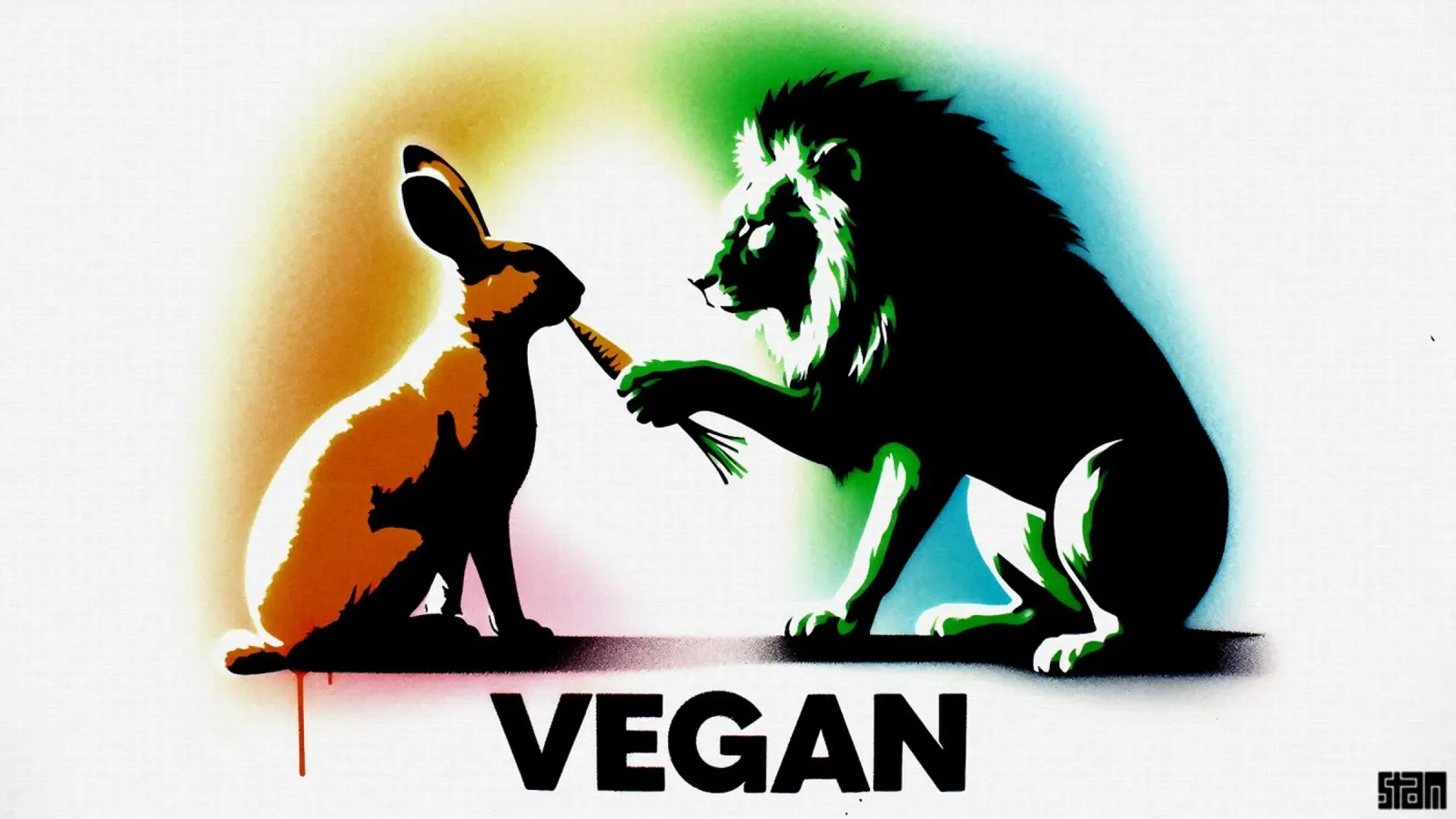 vegan lion & rabbit – Stencil, Graffiti & Streetart poster met houten frame van STAN Z.