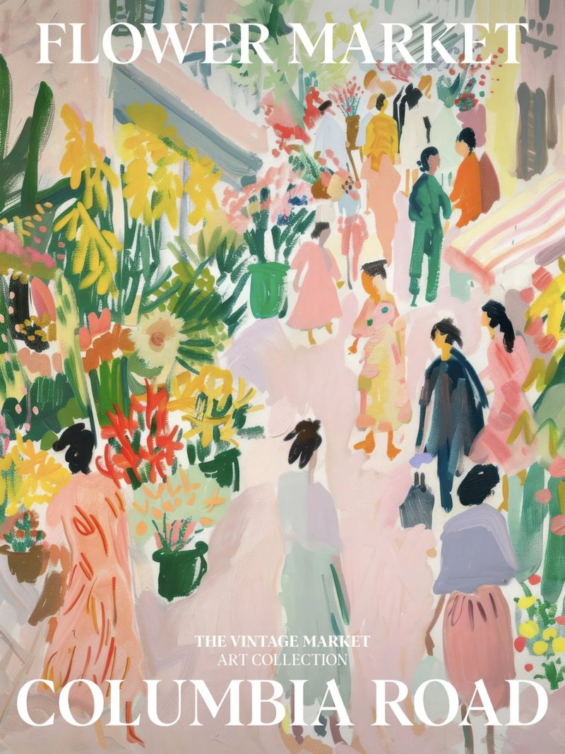 Vintage bloemenmarkt, Columbia Road, Londen, Reiskunst poster van Peaches Art Prints
