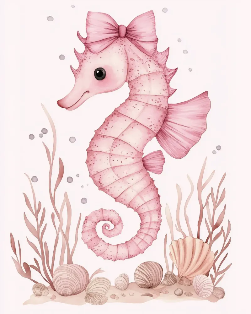 Caballito de mar rosa con lazos rosas Conchas Algas Lindo animal poster de Gentle Echoes Art