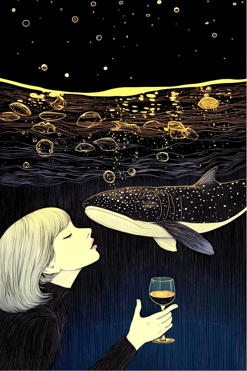 Champagne Sea - Illustrazione surreale di una balena e di una donna tela con Cornice a cassetta da Synthaira