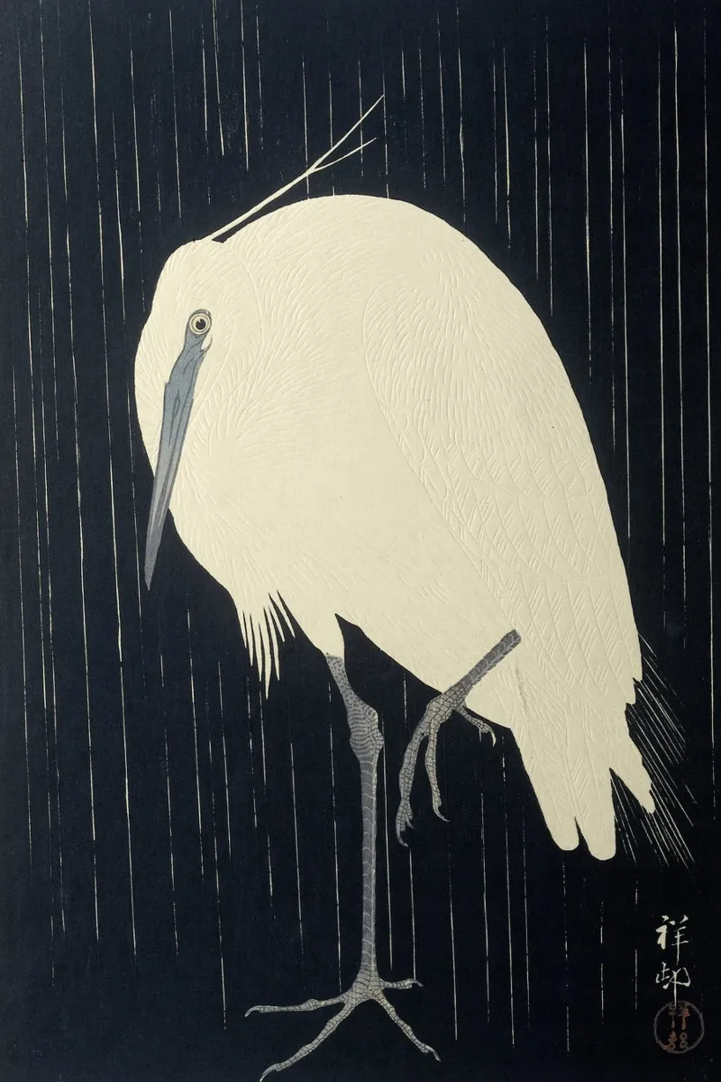 Egretta sotto la pioggia - Ohara Koson pellicola backlit da William Store