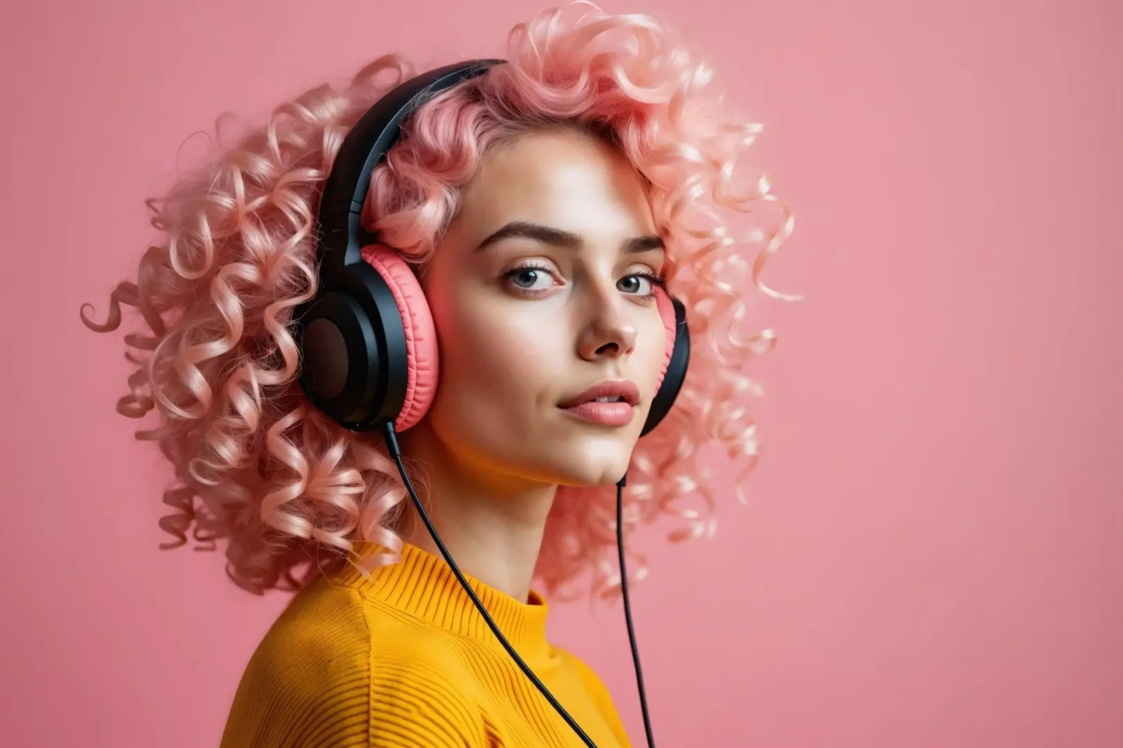 Giovane donna con capelli ricci rosa che ascolta la musica poster con telaio in plastica da Lisa Artifexia