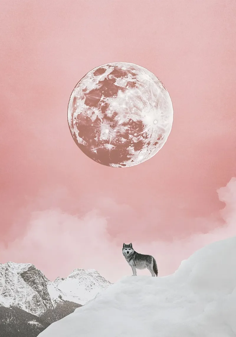 Lupo neve luna rosa poster con telaio in legno da Nikis Art Studio