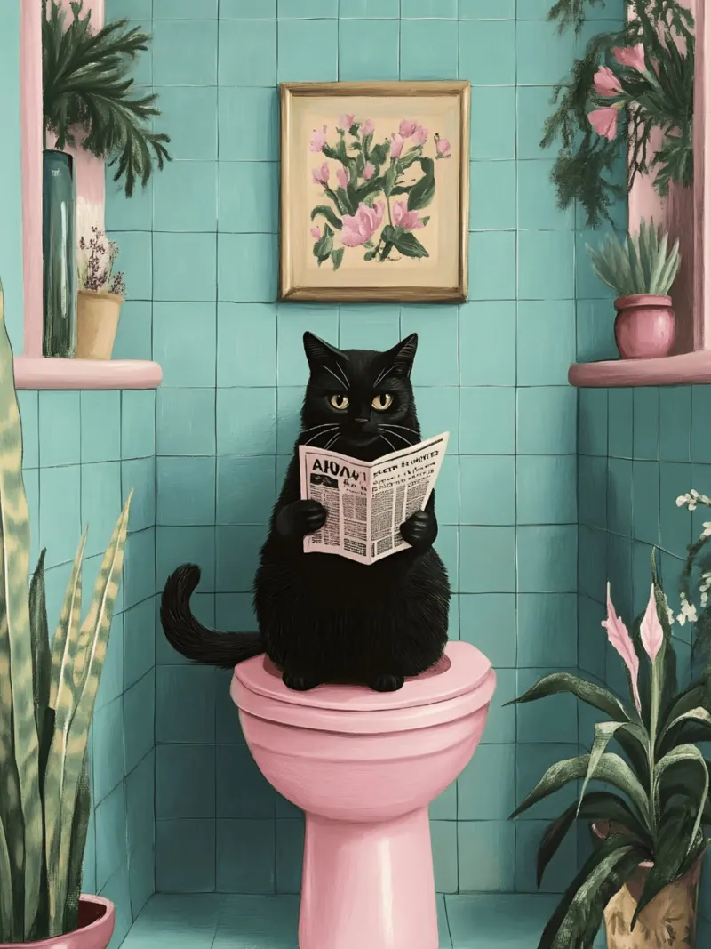 Gatto sul water poster con telaio in legno da catsforyou