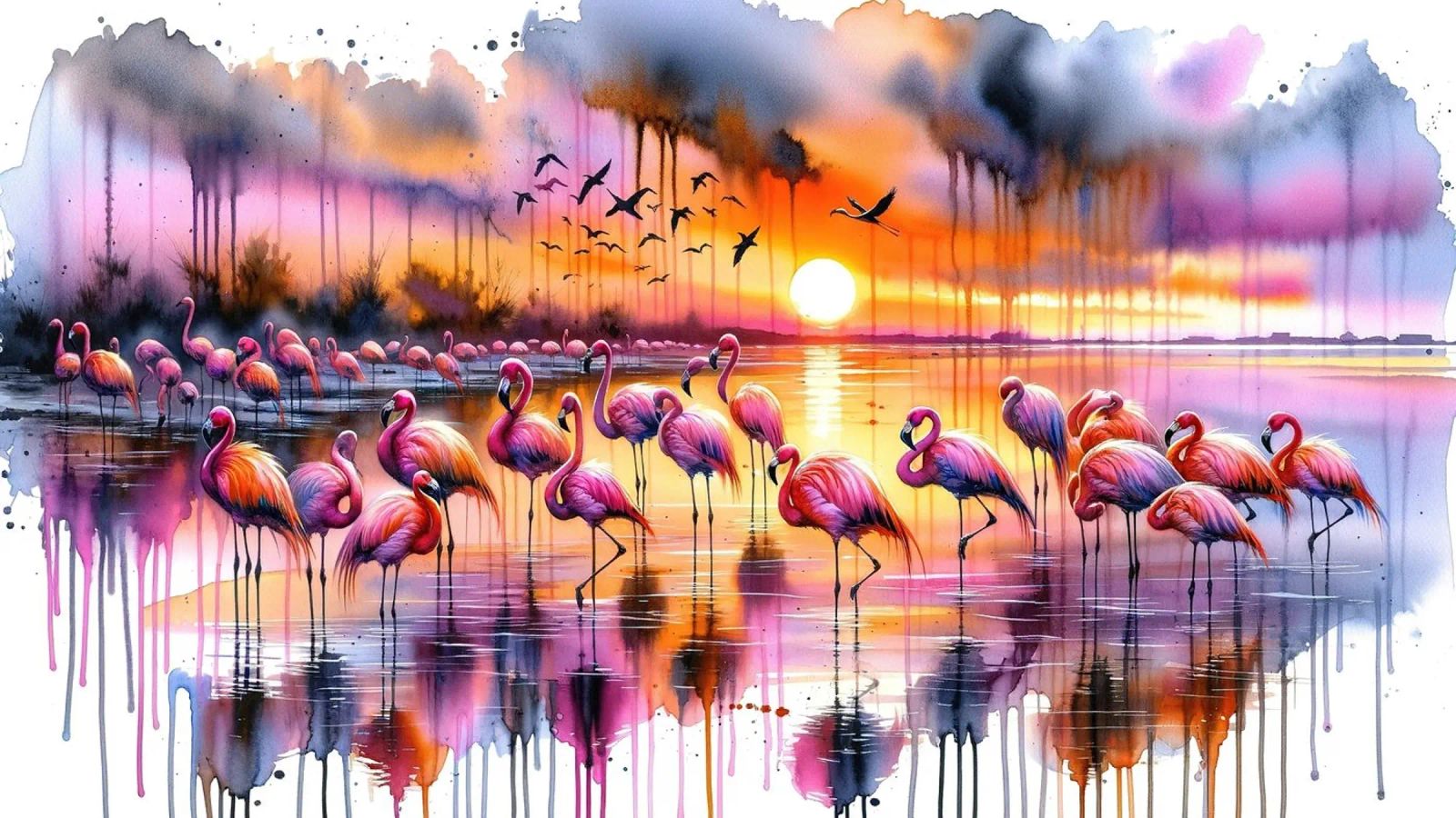 Flamingo-Sonnenuntergang an der Küste Poster von Chromatic Fusion Studio