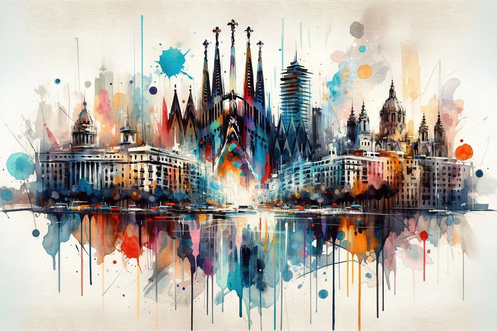 Watercolor Skyline Barcelona poster by Chromatic Fusion Studio