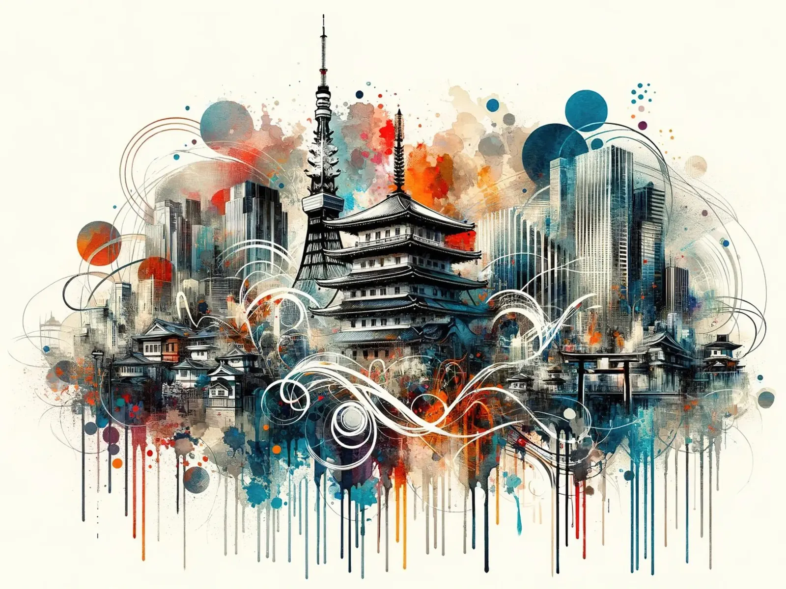 Acquerello Skyline Tokyo tela con Cornice a cassetta da Chromatic Fusion Studio