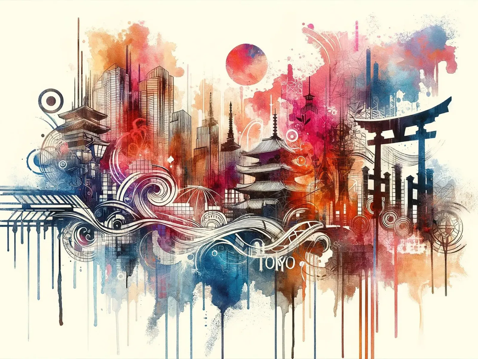 Acquerello Skyline Tokyo tela con Cornice a cassetta da Chromatic Fusion Studio