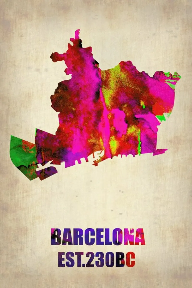 Barcelona Watercolor Map pellicola backlit da Naxart
