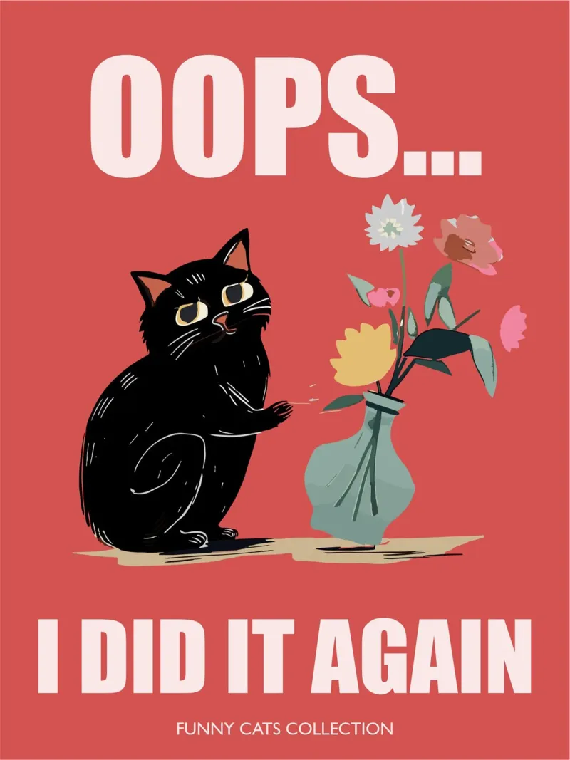 "Oops I did it again" Chat noir avec vase à fleurs poster avec cadre en aluminium de Peaches Art Prints