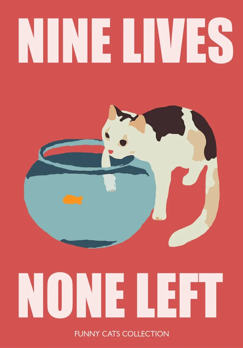 Cat Art, Nine lives None Left, Funny Cat with Fishbowl canvas with Floater frame by Peaches Art Prints