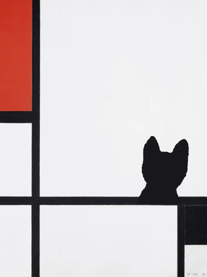 Piet Mondrian, Composizione di gatti n. I con gatto rosso e nero plexiglass da Peaches Art Prints