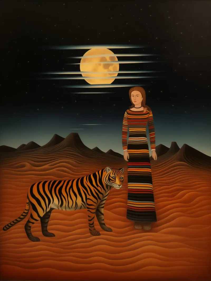 Woman with tiger in the desert | Inspired by Henri Rousseau alu-dibond by Autofocus