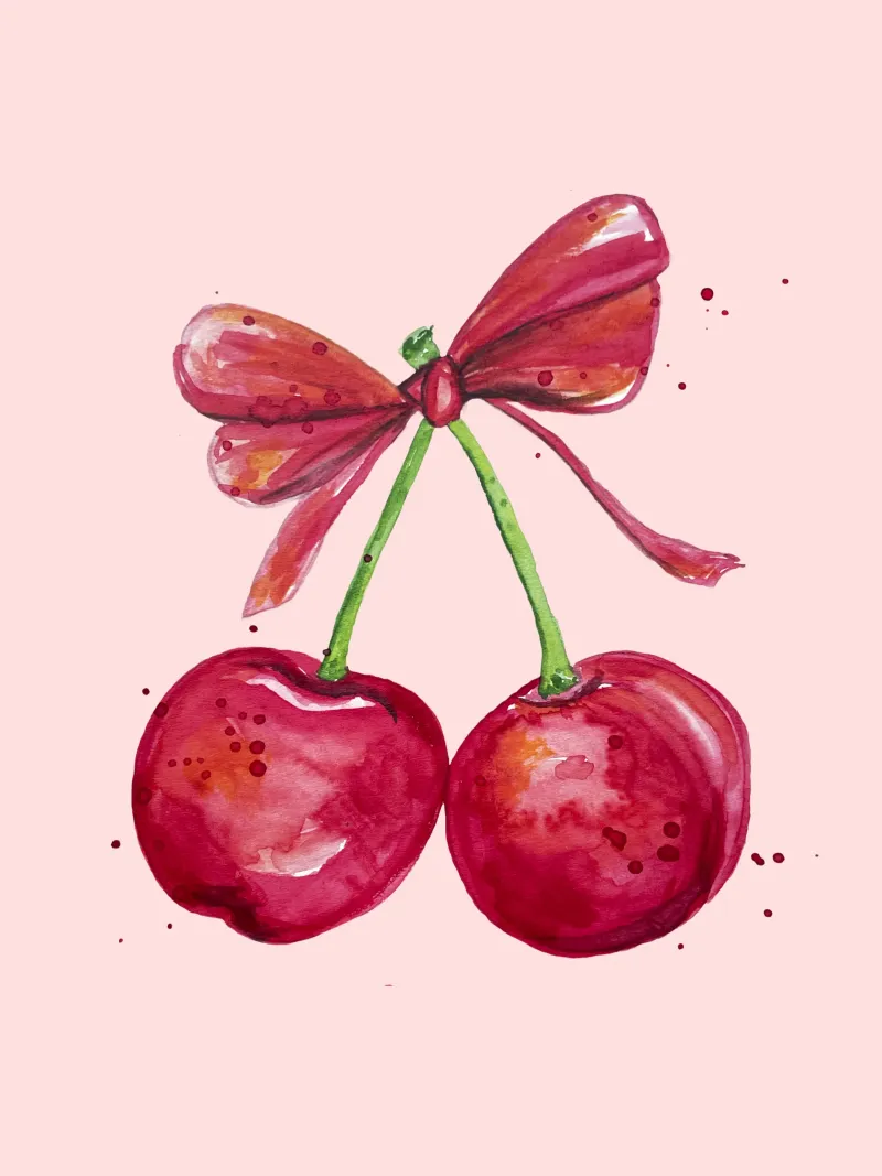 Cherries with bow watercolour alu-dibond by Illustration Raissa Oltmanns