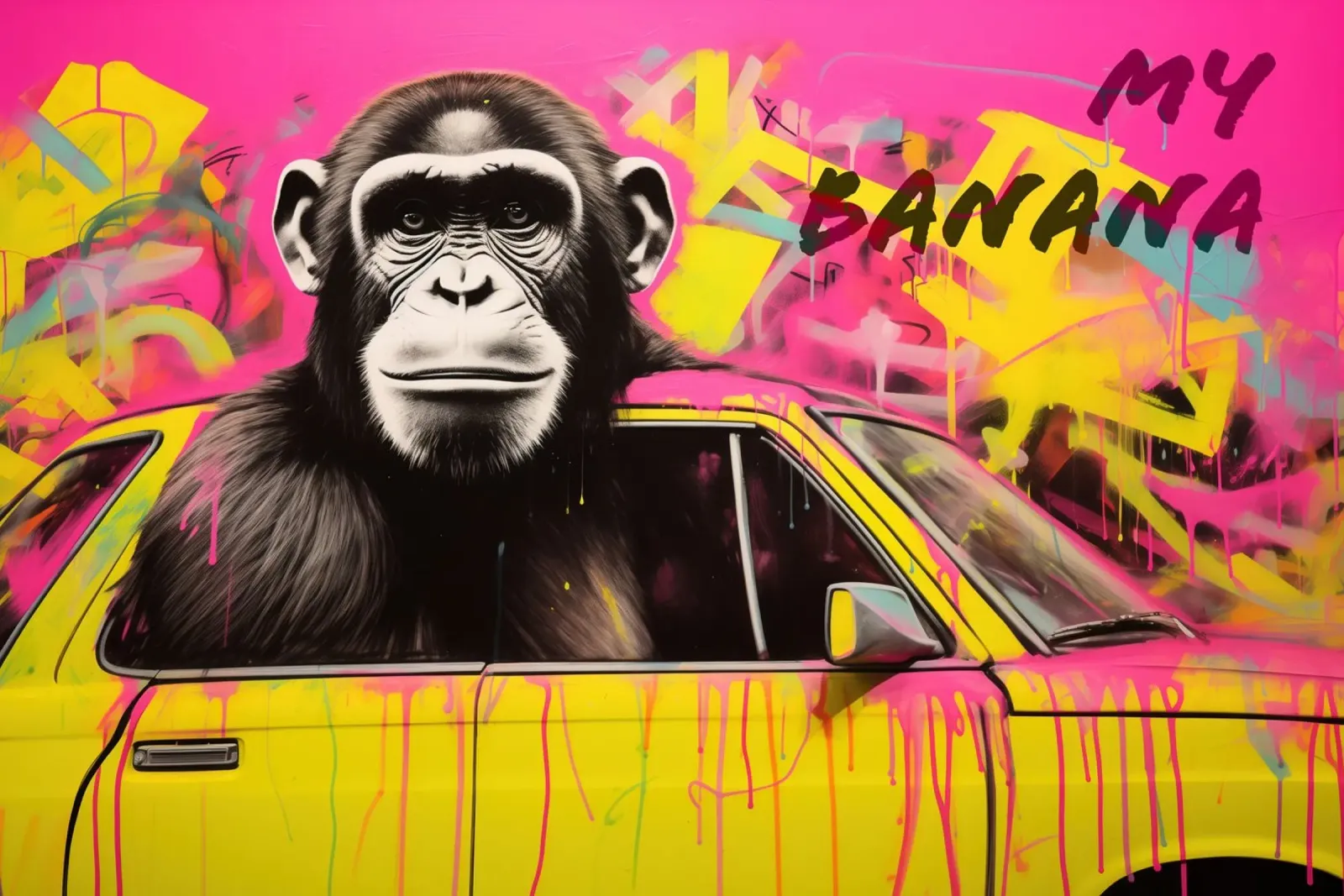 My Banana | Singe avec voiture jaune Street Art poster avec cadre en plastique de Autofocus