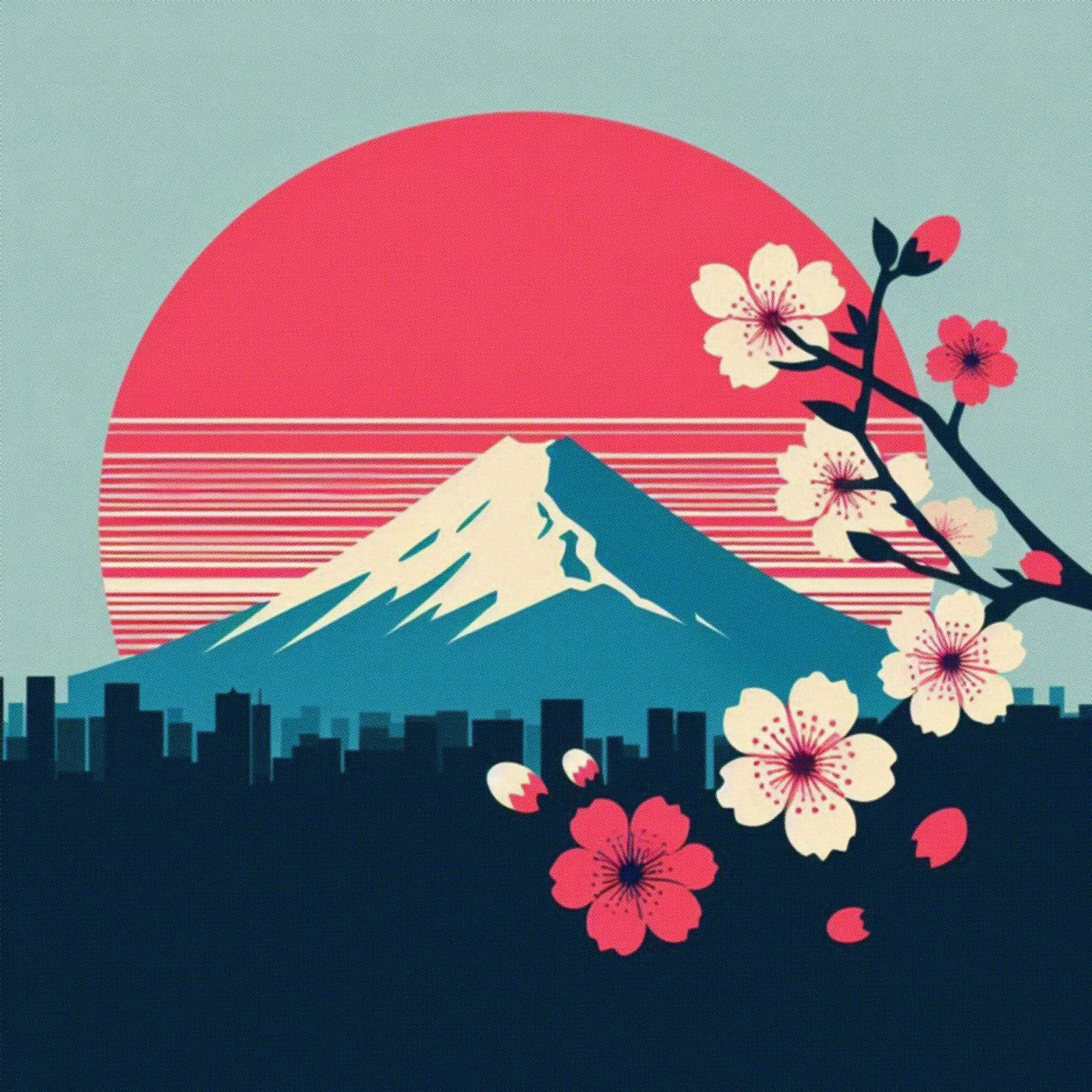 Sakura, Fuji en zon - vintage posterprint canvas met Baklijst van posterprints-by-nomad