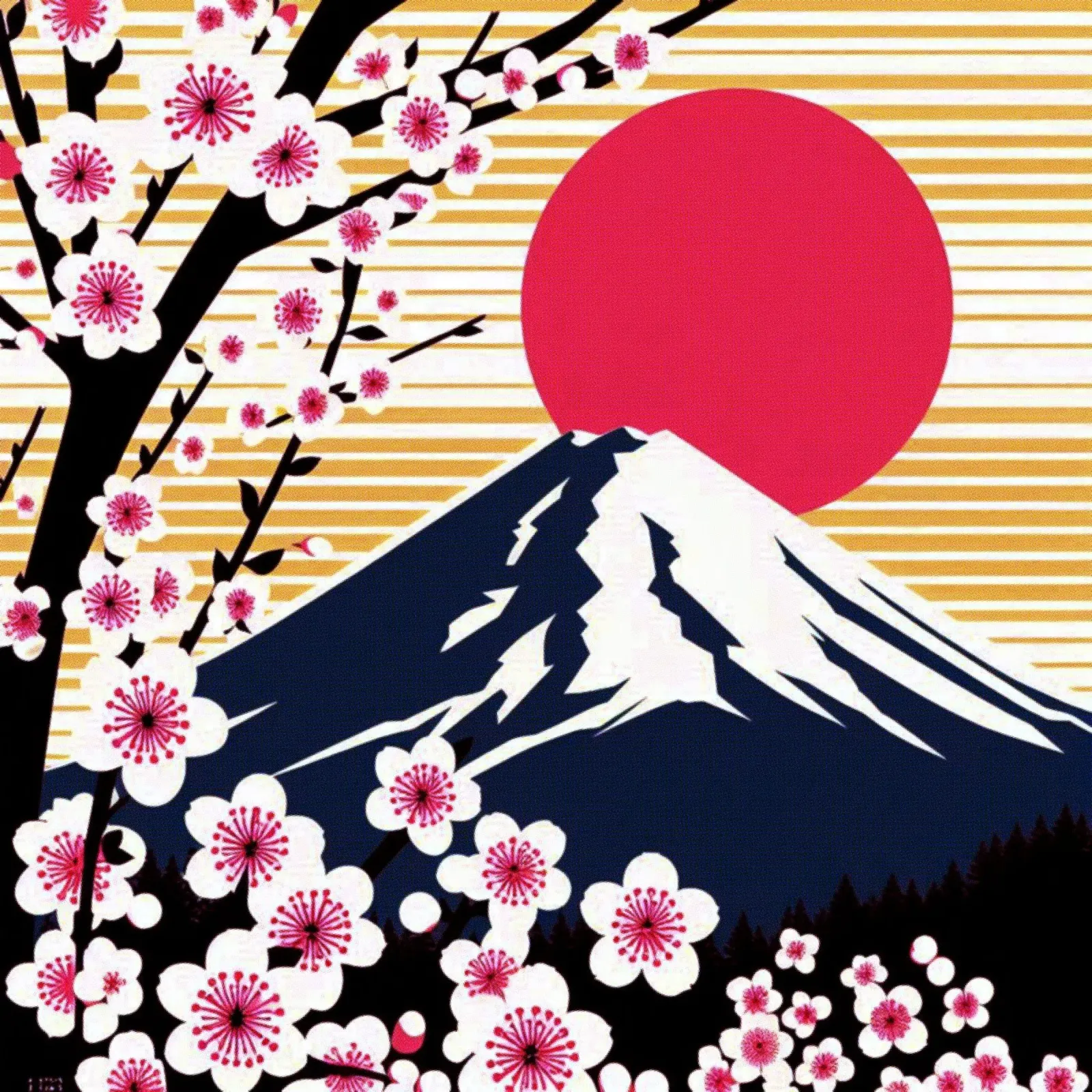 Sakura, Fuji en zon - vintage posterprint canvas met Baklijst van posterprints-by-nomad