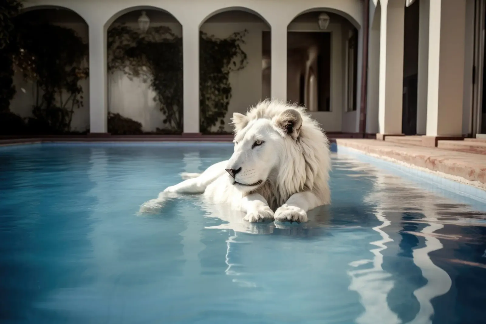 Il Leone Bianco si rilassa in una piscina di lusso poster con telaio in plastica da Lisa Artifexia