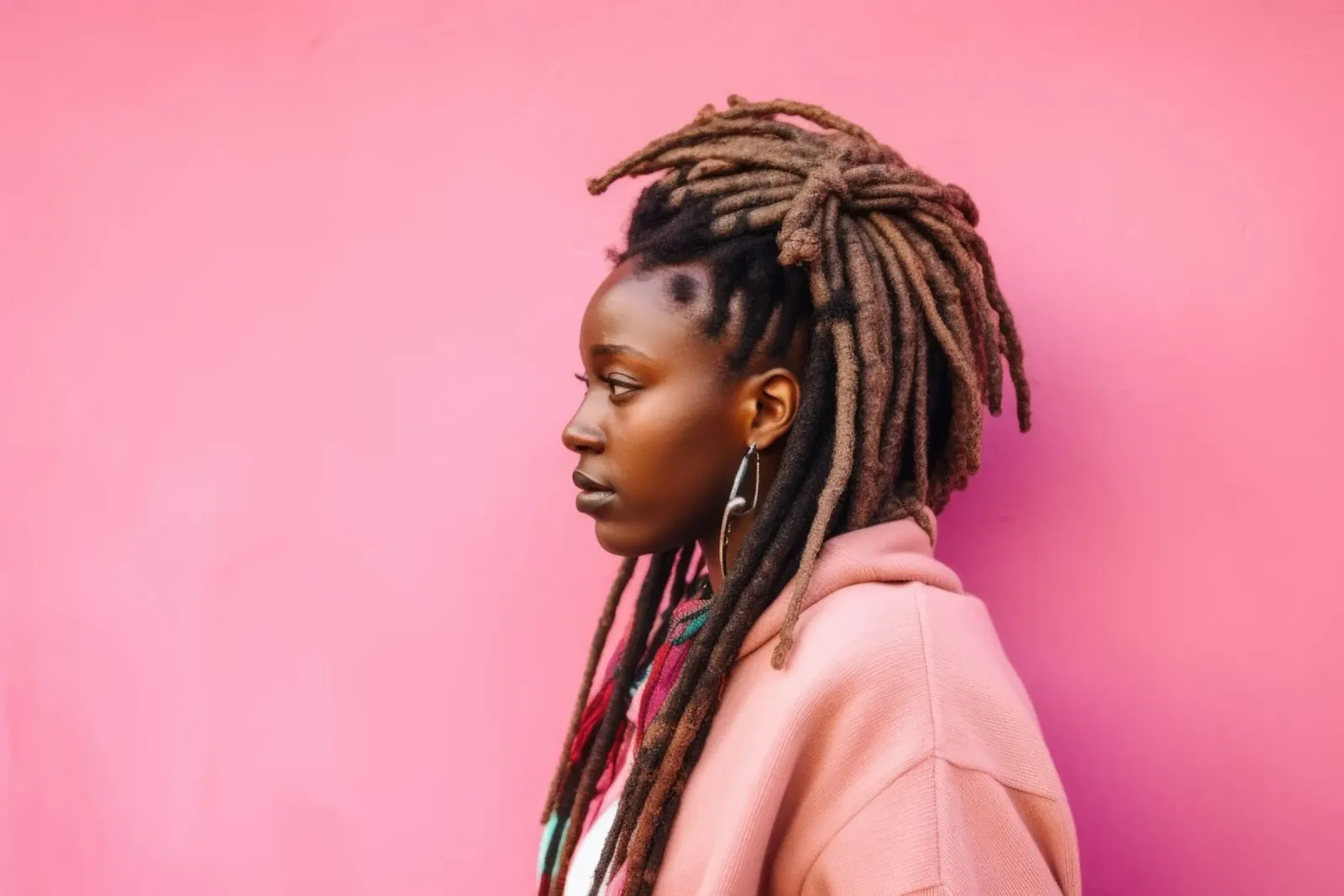 Stilvolle Frau mit Dreadlocks vor rosa Wand Poster mit Kunststoffrahmen von Lisa Artifexia