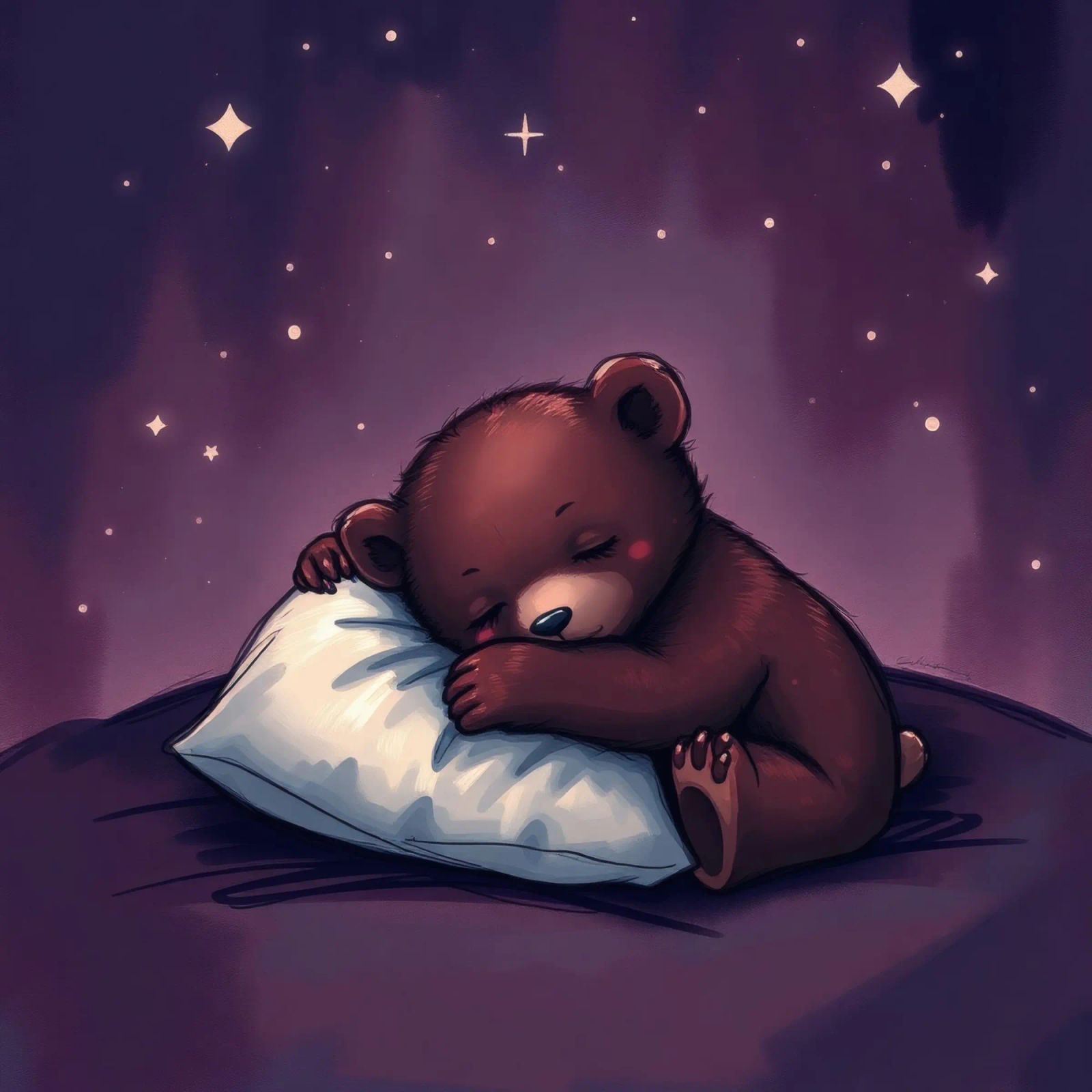 Un mignon ours brun câline un oreiller sous un ciel étoilé hahnemühle de DesignDoodle
