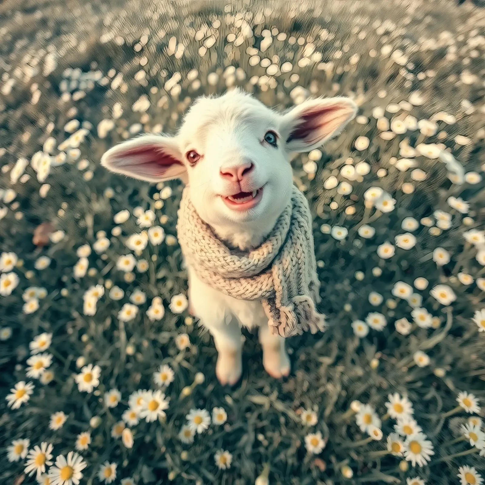 Agnello felice con sciarpa in piedi tra margherite in fiore pellicola backlit da DesignDoodle