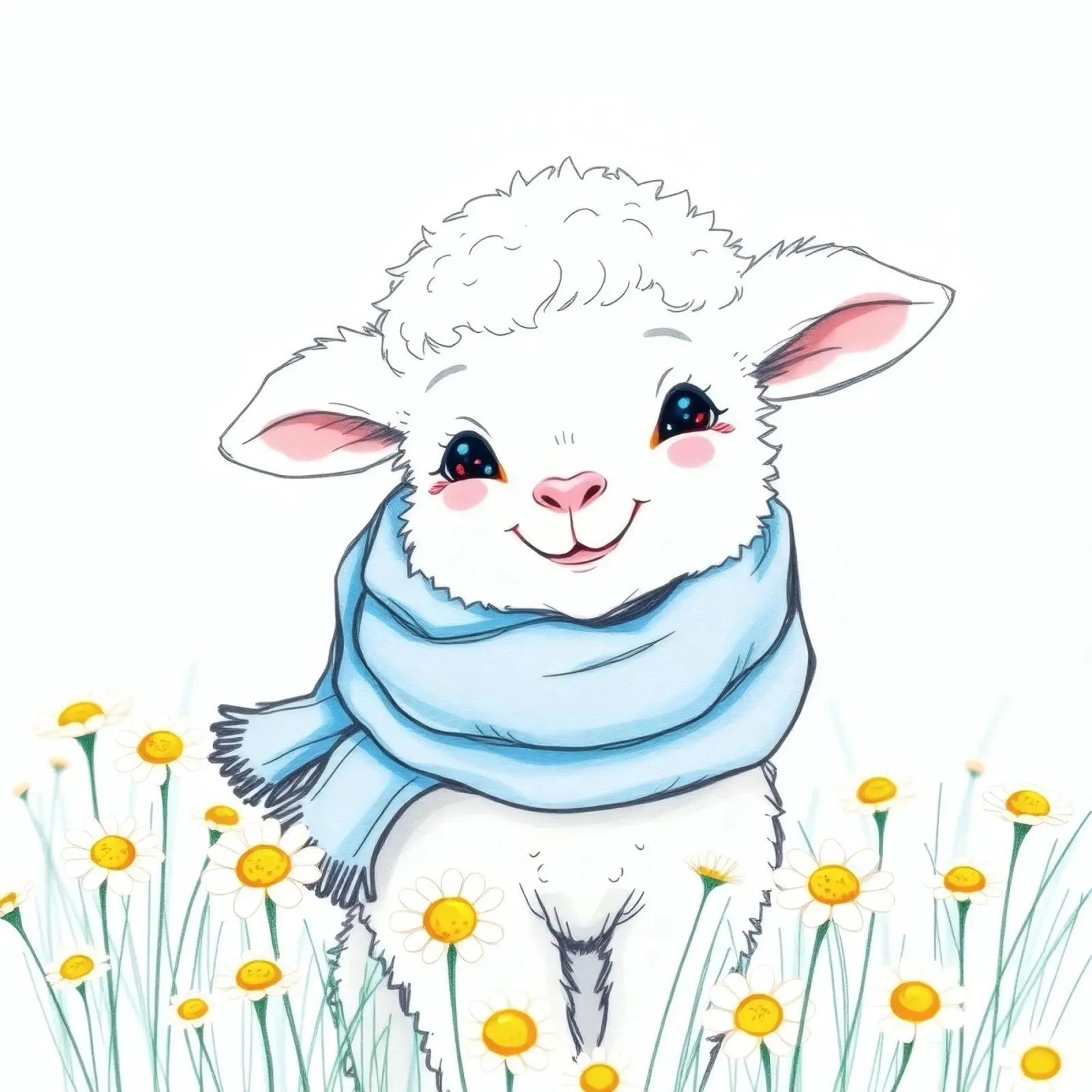 Mignon agneau souriant dans un champ de fleurs jaunes et portant une écharpe bleue hahnemühle de DesignDoodle