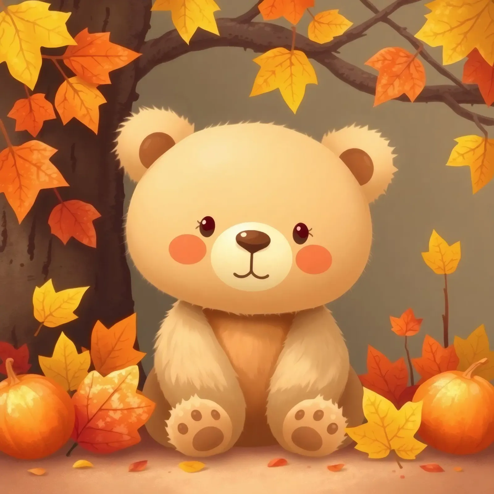Un simpatico orso siede tra foglie e zucche colorate d'autunno pellicola backlit da DesignDoodle