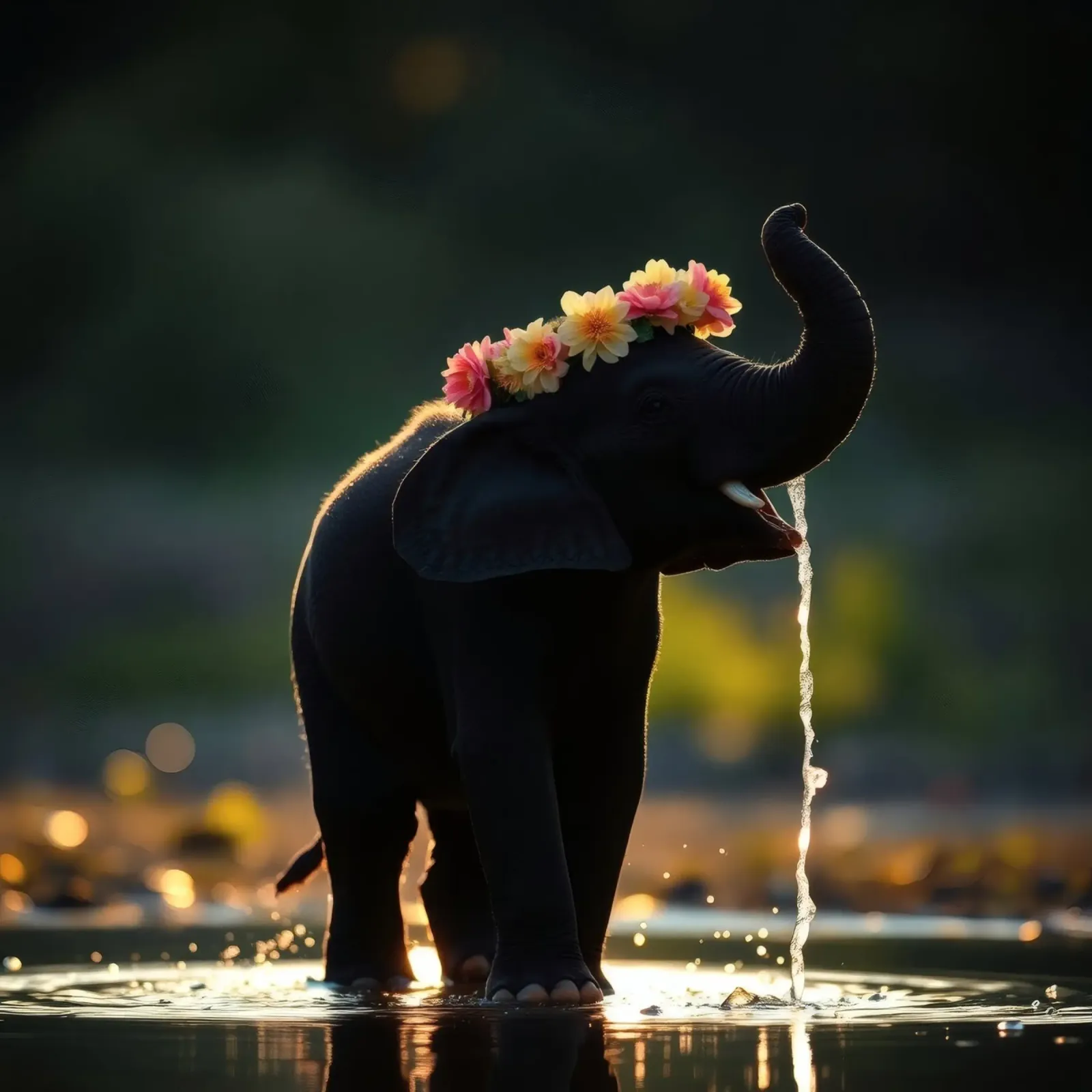 Un elefante adornato di fiori si diverte a giocare con l'acqua al tramonto poster con telaio in plastica da DesignDoodle